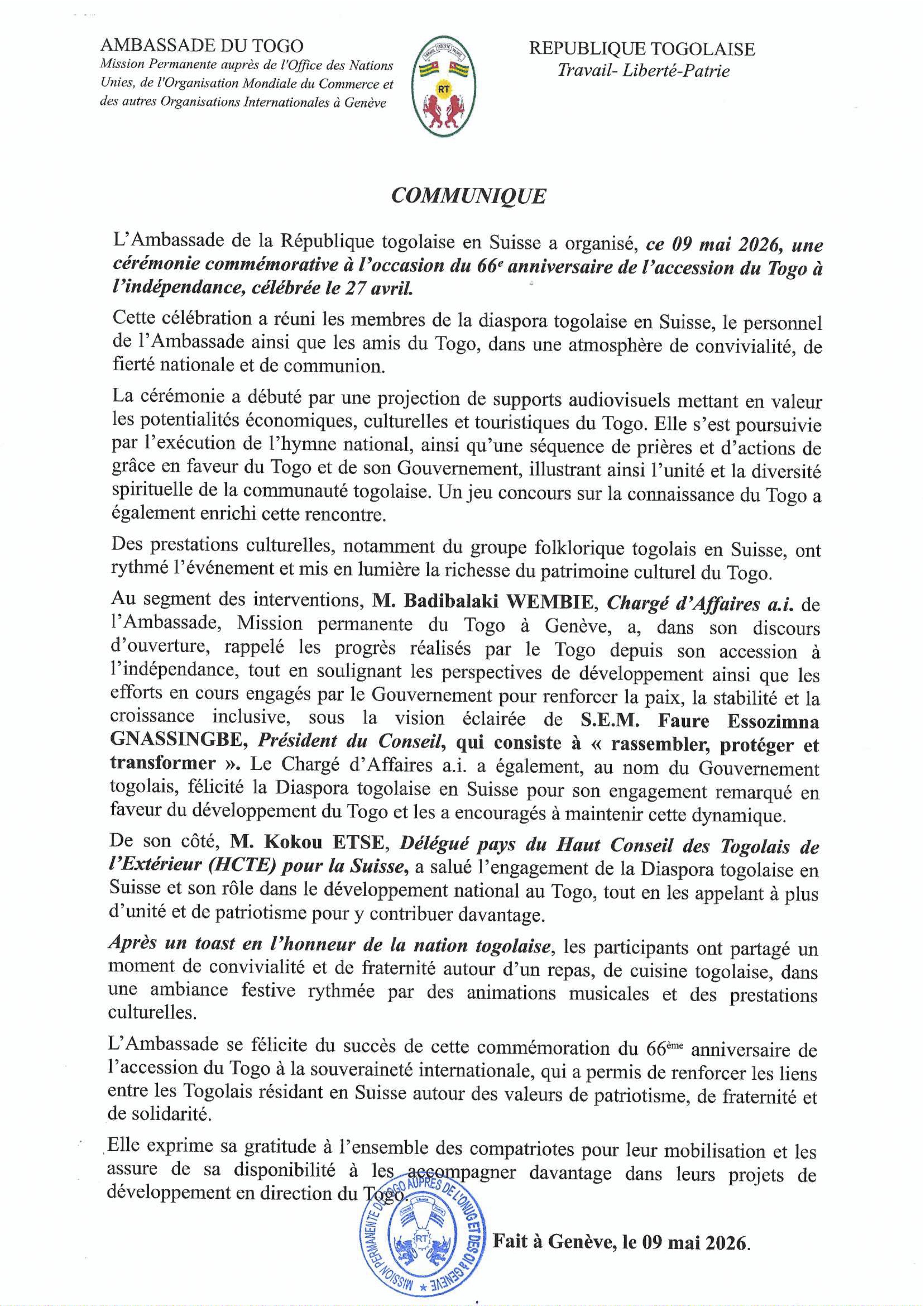 Commémoration à Genève du 66ᵉ anniversaire de l’accession du Togo à l’indépendance